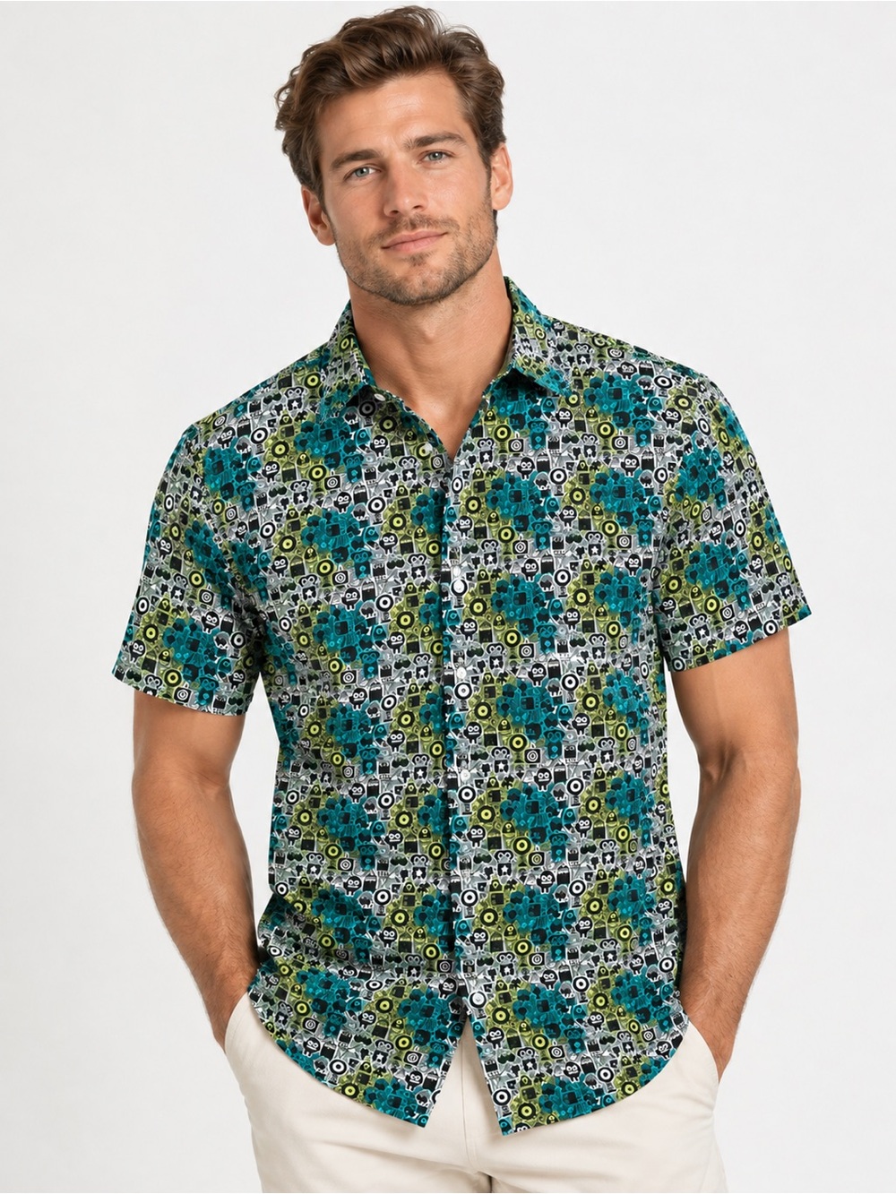 Robert Graham Short-Sleeve Floral Geometric Shirt in Teal & Lime